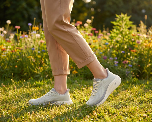 Sneaker Veer crem purtat în natură, printre flori de câmp